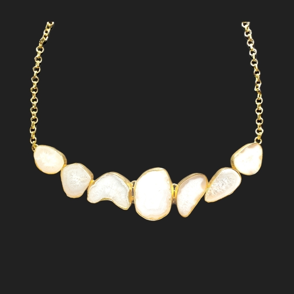Semi Precious White Agate Set in Gold Wrap Necklace New on Card One-of-a-Kind